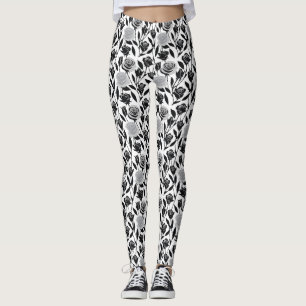Leggings Rosas negras minimalistas con tallos gris claro