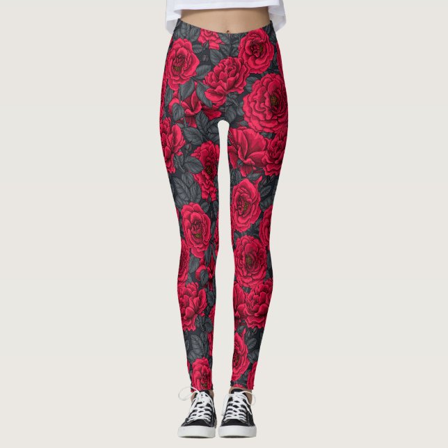 Leggings Rosas rojas con hojas grises en negro (Anverso)