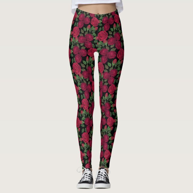 Leggings Rosas rojas en negro. (Anverso)