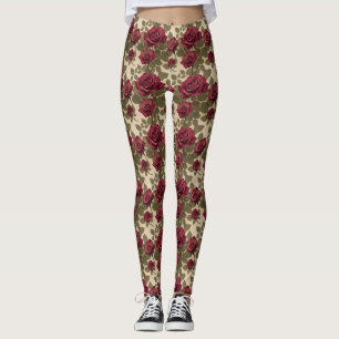 Leggings Rosas rojas oscuras con hojas verdes descoloridas