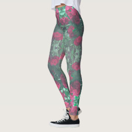 Leggings Rosas rojas pálidas Hojas verdes Flores