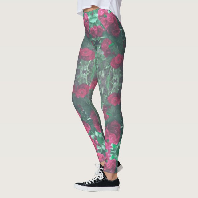 Leggings Rosas rojas pálidas Hojas verdes Flores (Izquierda)