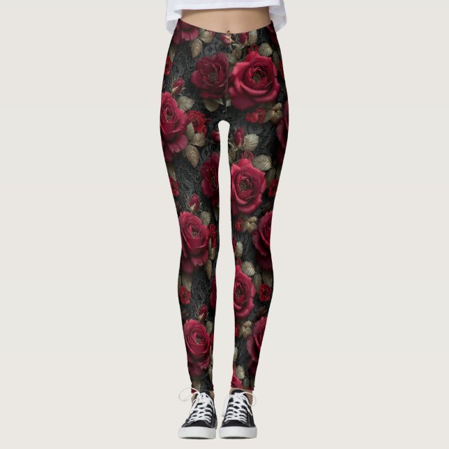 Leggings Rosas rojas románticas y oscuras en encaje negro (Anverso)
