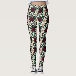 Leggings Rosas rojas y burgundy exuberantes con hojas verde