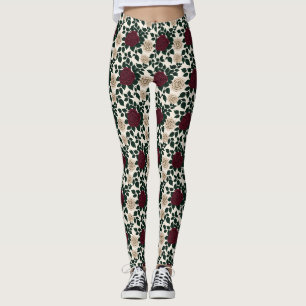 Leggings Rosas rojas y burgundy exuberantes con hojas verde