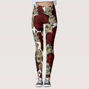 Leggings Rosas Rojas y Calaveras Flora Negra Gótico Blanco