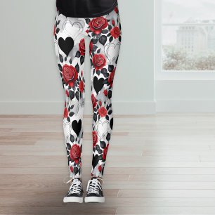 Leggings Rosas Rojas y Corazones Negros Patrón Romántico