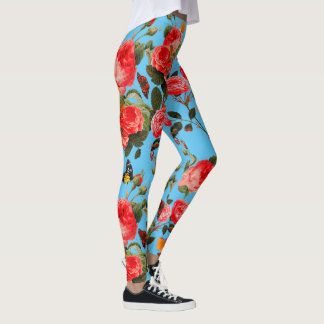 Leggings ROSAS ROJAS Y MARIPOSAS AMARILLAS Florales azules