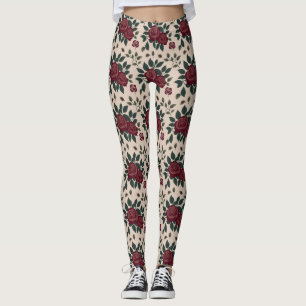 Leggings Rosas Rojo Oscuro Con Hojas Verdes