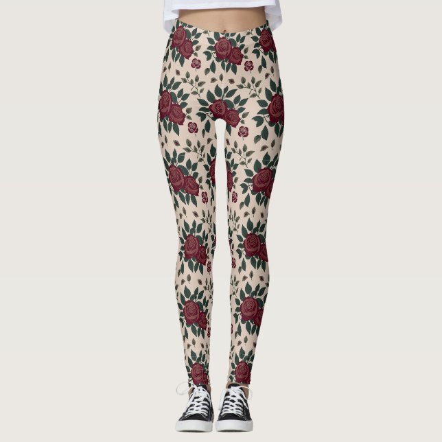 Leggings Rosas Rojo Oscuro Con Hojas Verdes (Anverso)