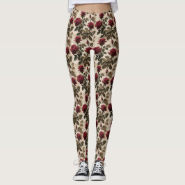 Leggings Rosas Rojo Profundo Con Hojas Verde Oscuro