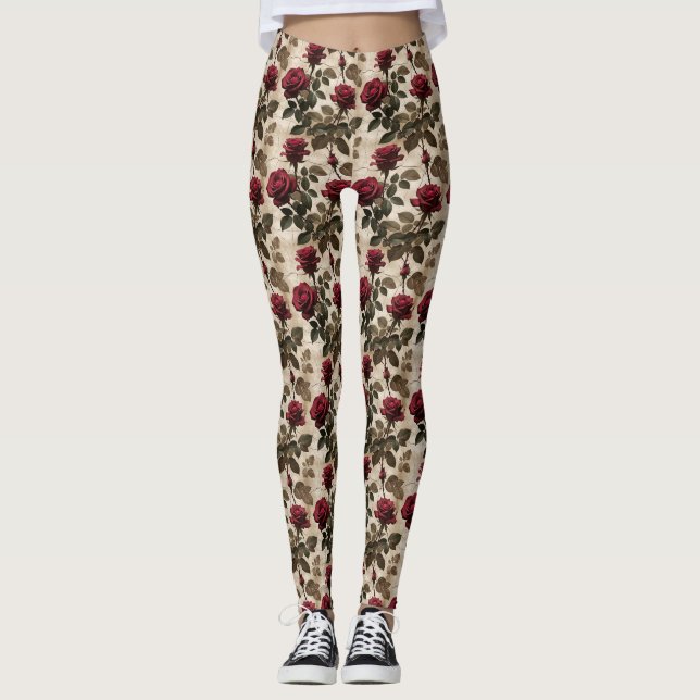 Leggings Rosas Rojo Profundo Con Hojas Verde Oscuro (Anverso)