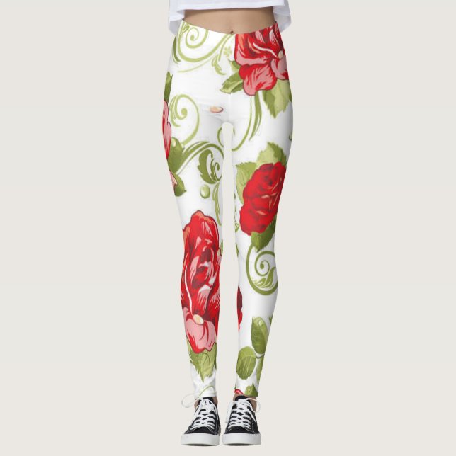 Leggings Rosas rojos con los Tendrils. que remolinan (Anverso)