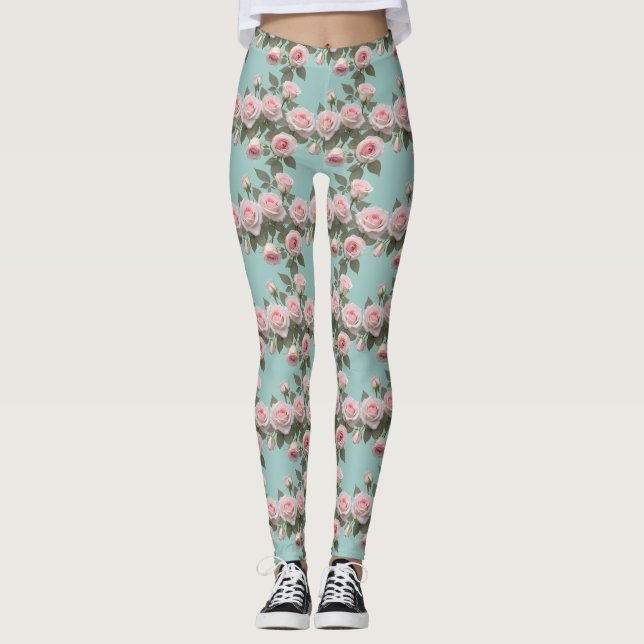 Leggings Rosas rosadas bebé con hojas verde salvia (Anverso)