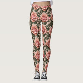Leggings Rosas rosadas con hojas de pinceladas
