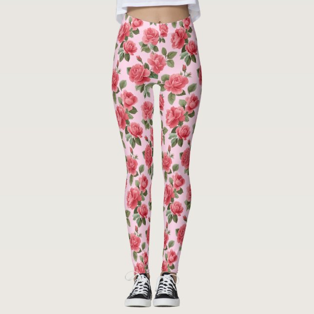 Leggings Rosas Rosadas Románticas Patrón Botánico (Anverso)