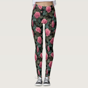 Leggings Rosas rosadas sobre patrón floral negro