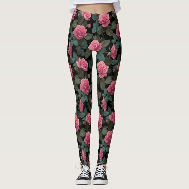 Leggings Rosas rosadas sobre patrón floral negro (Anverso)