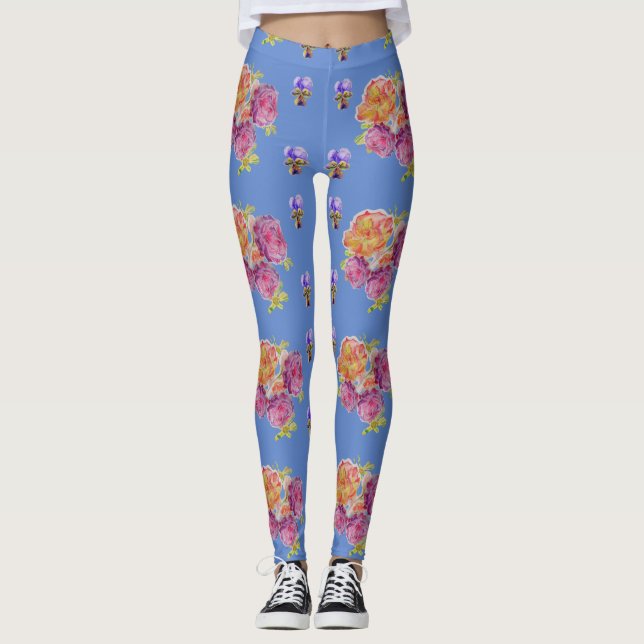 Leggings Rosas rosas rosas violetas Shabby acuarela Blue Le (Anverso)