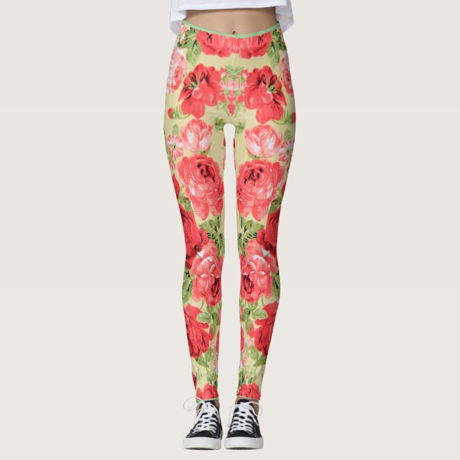 Leggings Rosas y hojas patrón floral (Anverso)