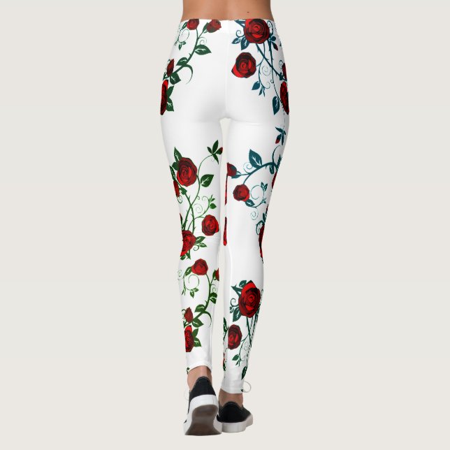 Leggings Roses rojas en blanco, vectorial floral v2 (Reverso)