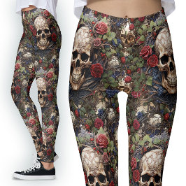 Leggings Roses Rojos Celtas Cránulos Verdes Dejan a la Natu