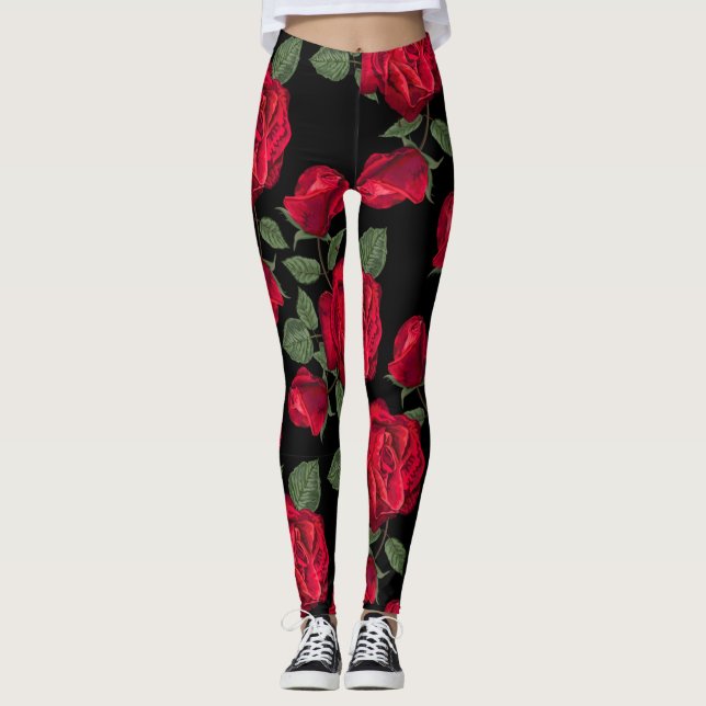 Leggings Roses rojos en fondo negro (Anverso)