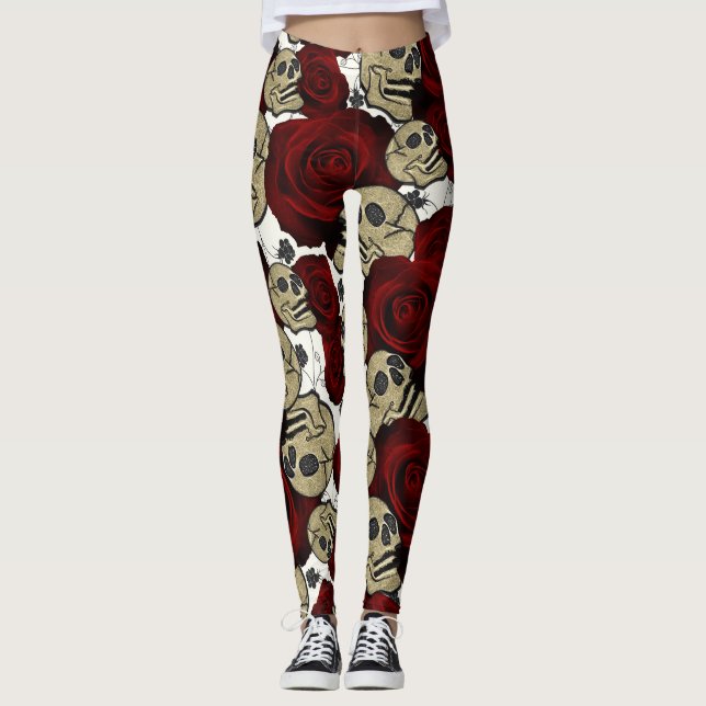Leggings Roses rojos y cráneos Flora negra blanco gótico (Anverso)