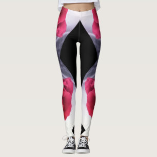 Leggings Roses rojos y patrón geométrico de diamantes negro