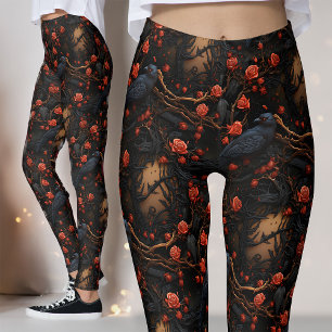Leggings Roses rojos y ravens floral alternativa gótica