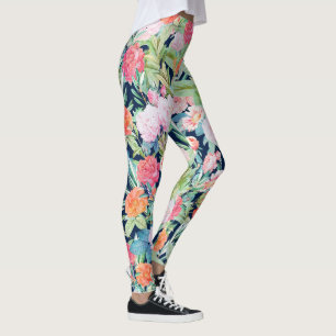 Leggings Roses rosados románticos florales Vintage Blue Des