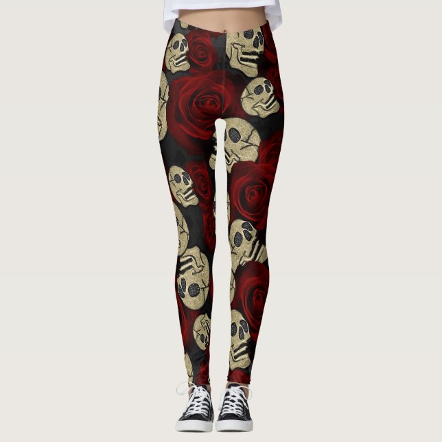 Leggings Roses y cráneos rojos Gris Floral Negra Gótica (Anverso)