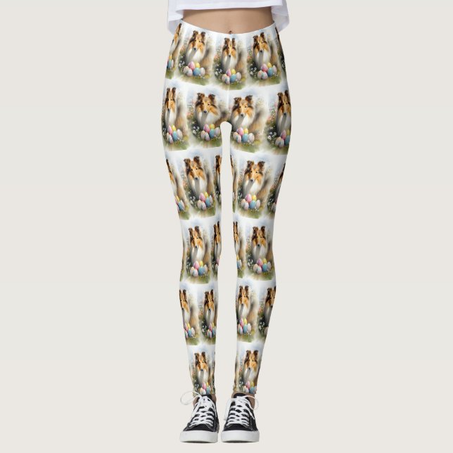 Leggings Rough Collie Dog with Easter Eggs Holiday (Anverso)