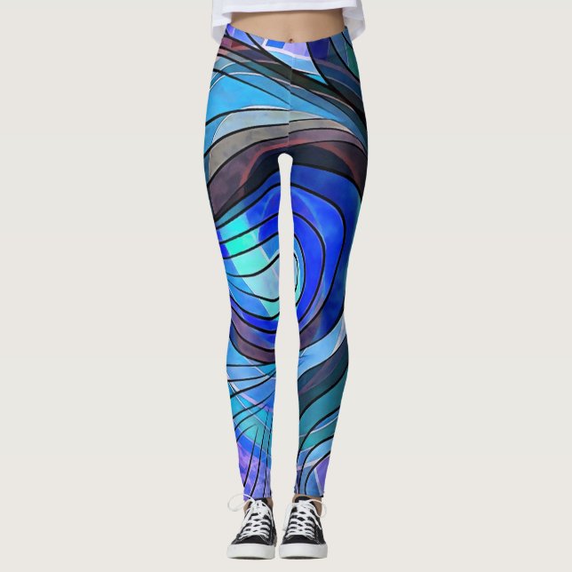Leggings Royal Blue and Aqua Doodle con líneas negras (Anverso)