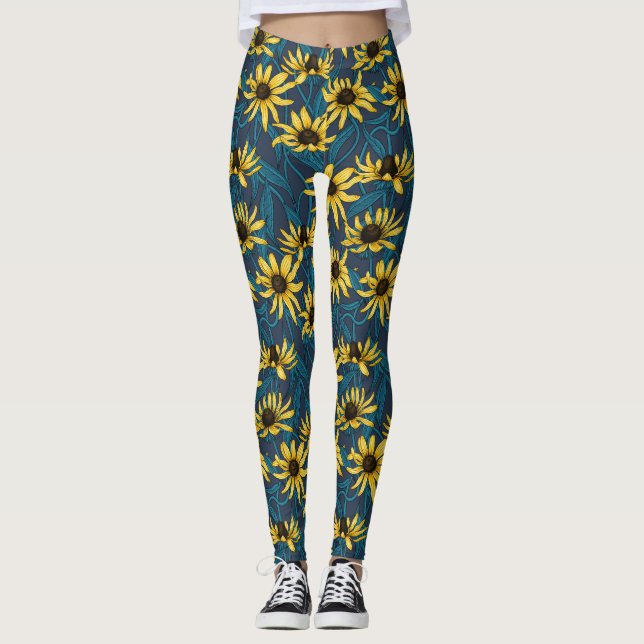 Leggings Rudbekia amarilla en la marina (Anverso)