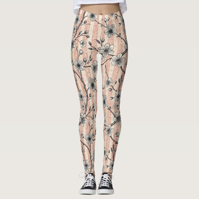 Leggings Sakura con flores de cerezo elegante - rosa y blan (Anverso)