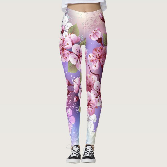 Leggings Sakura rosa sobre fondo de pintura (Anverso)