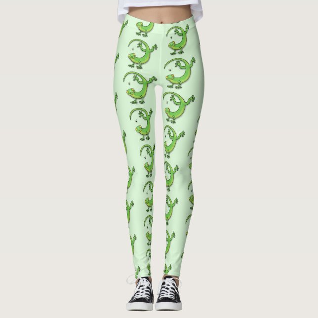 Leggings Saludos felices de gecko verde lindo con personali (Anverso)