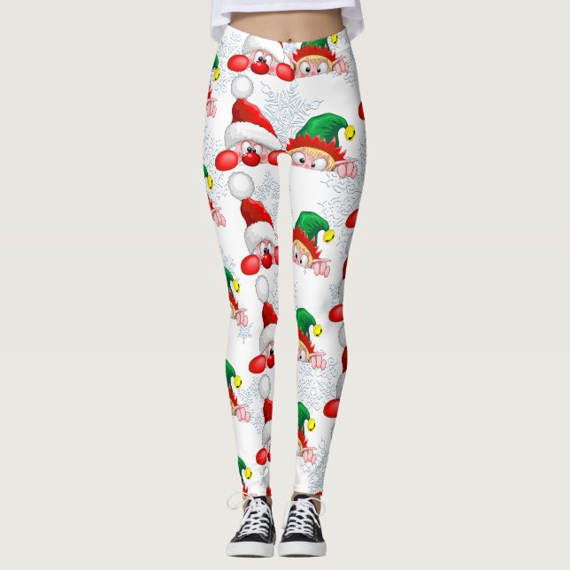 Leggings Santa y Elf Cute y graciosos personajes Peeking (Anverso)