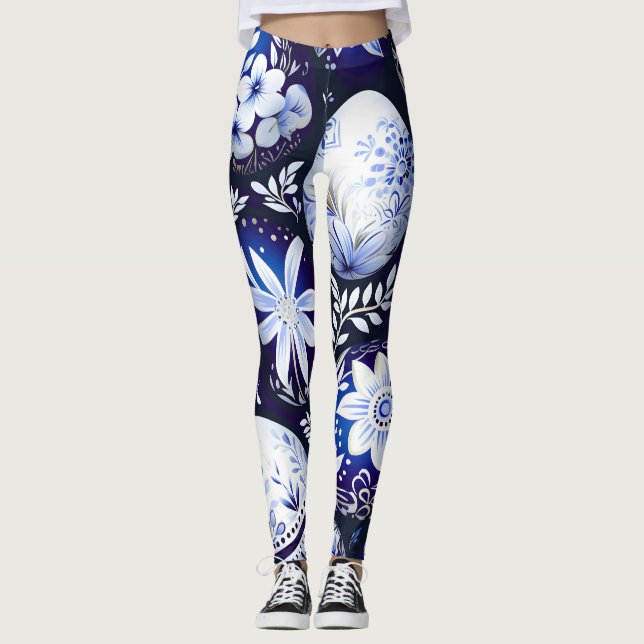Leggings Scandinavian Blue Easter Egg Spring Floral (Anverso)