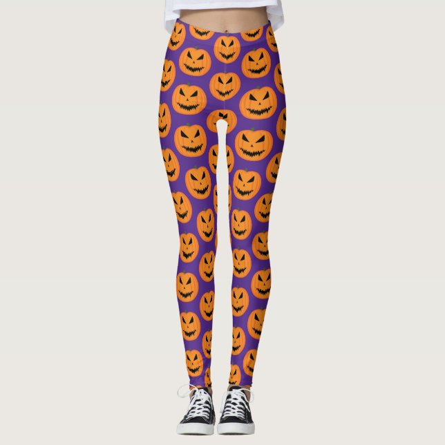 Leggings Scary Halloween Jack OLantern naranja cara púrpura (Anverso)