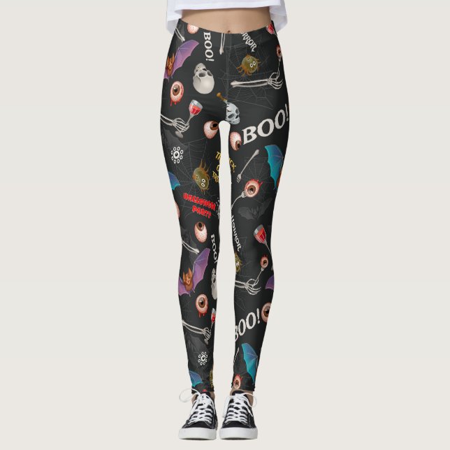 Leggings Scary Halloween moderno Icons Skull Bat Eyeballs (Anverso)