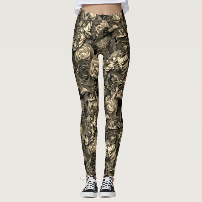 Leggings Sepia Cabeza de Muerte Hawk Moths Gótico Raven con (Anverso)