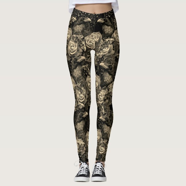 Leggings Sepia Raven Evermore con Rosas y Hawkmoths (Anverso)