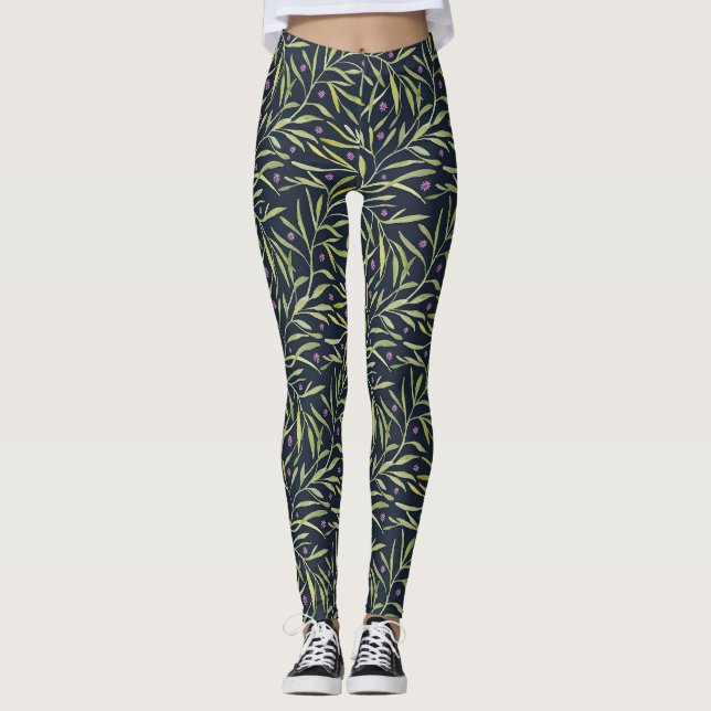 Leggings Serenas Hojas Verdes con Flores Rosadas (Anverso)