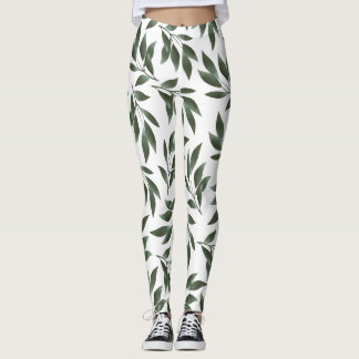 Leggings Serene Watercolor Brands Green Leaves Pattern