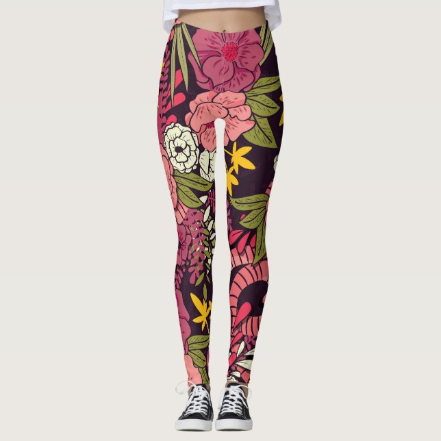 Leggings Serpientes de jungla, flores tropicales, patrón vi (Anverso)