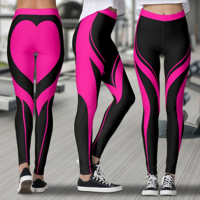 Leggings Sexy Hot Pink Black Heart Butt Gym Activewear (Black leggings with pink heart on butt design)