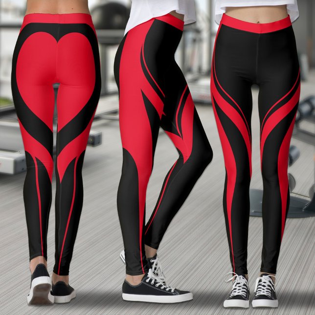 Leggings Sexy Red Black Heart Butt Gym Activewear (Red and black leggings with red heart on butt)