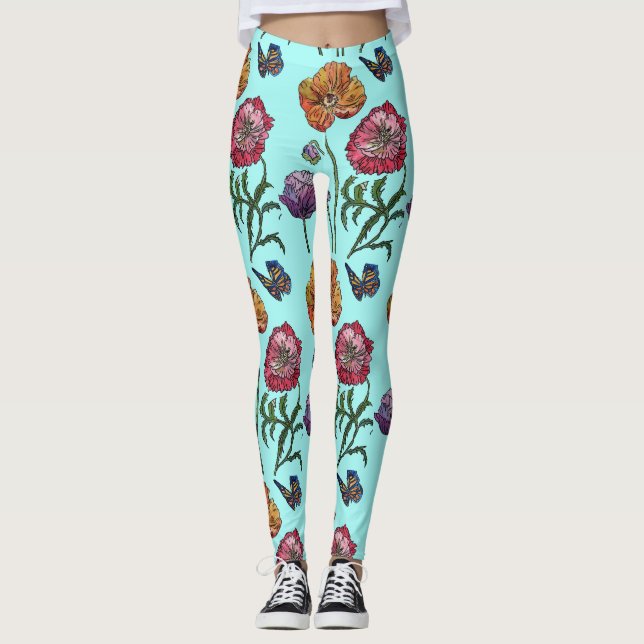 Leggings Shabby Poppy Red Purple sobre el arte turquesa Aqu (Anverso)